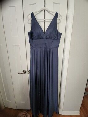 Satin Elegant Navy V-Neck Maxi Dress